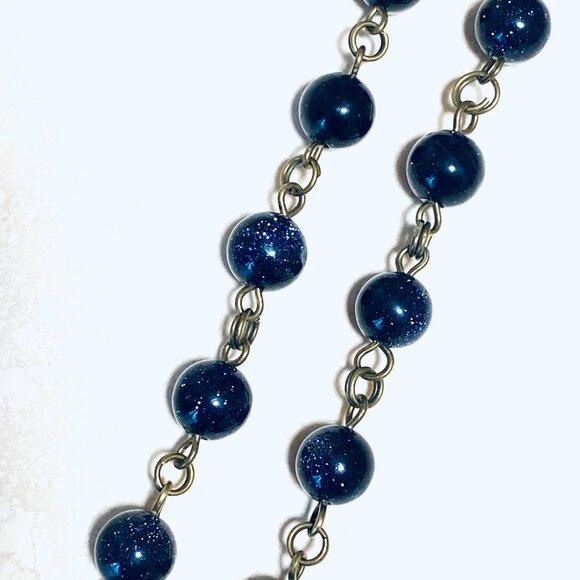 Dark Blue Goldstone Bronze Link Adjustable Short Necklace w/ Cute Acorn Pendant - Picture 8 of 15